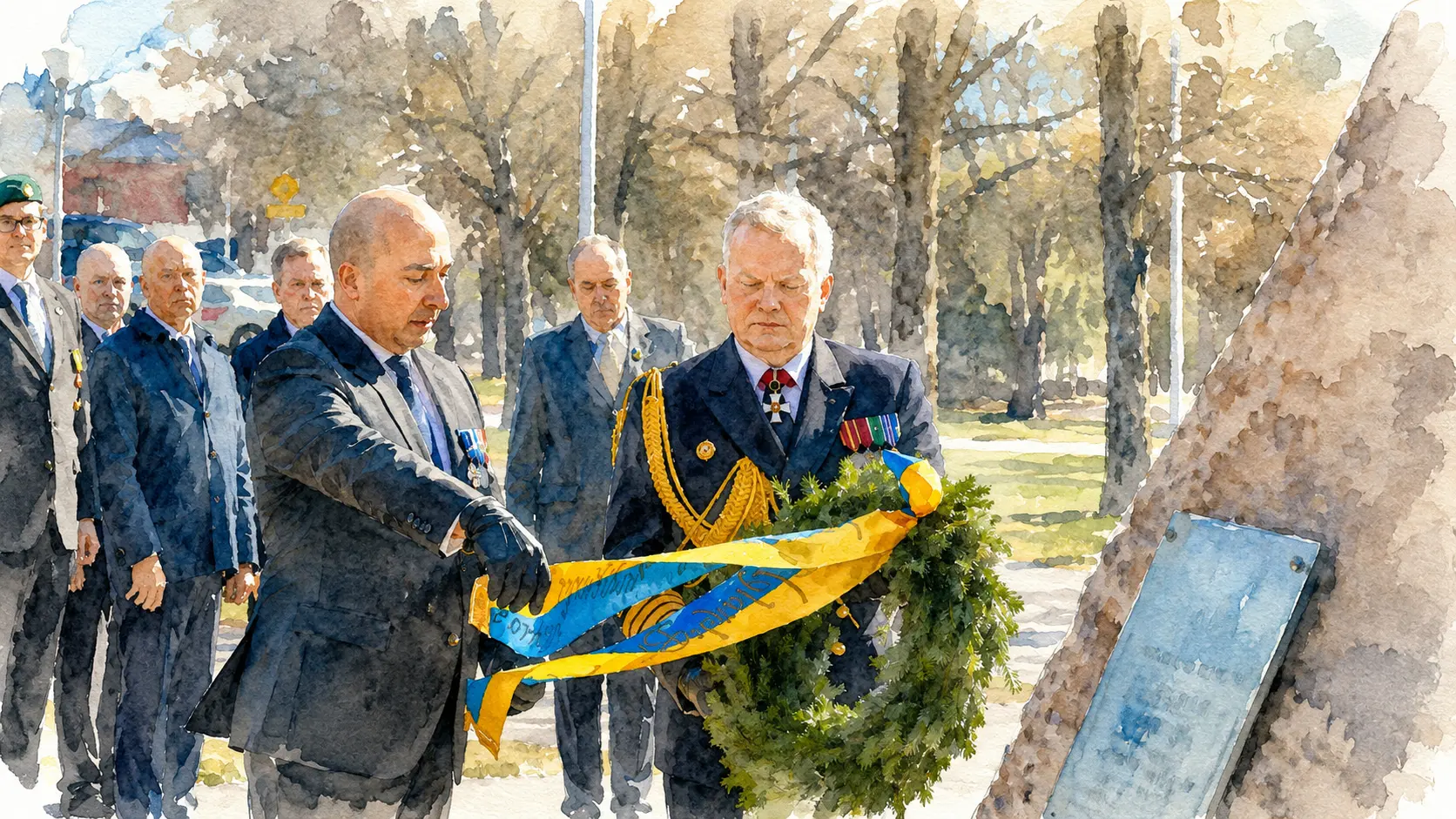 Delegationen från Gillet i Sverige lägger ner krans vid firandet av Nylands Brigad 400 år i Dragsvik